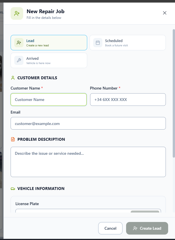 New Repair Job form with the Lead type selected and customer details fields