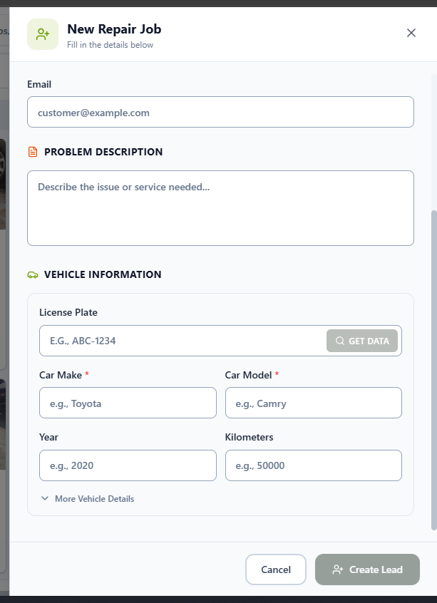 New Repair Job form showing the vehicle information section with Get Data