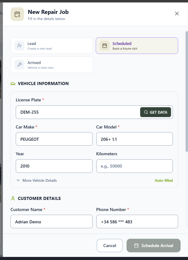 New Repair Job form with the Scheduled type selected