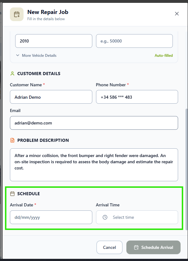 New Repair Job form with the Schedule section highlighted