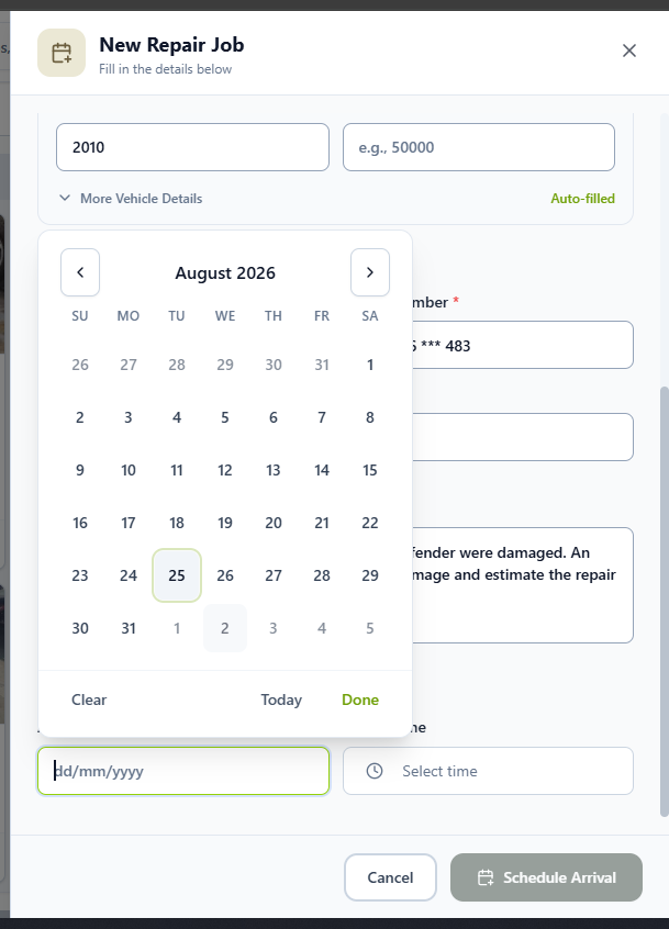 Arrival date picker open in the New Repair Job form