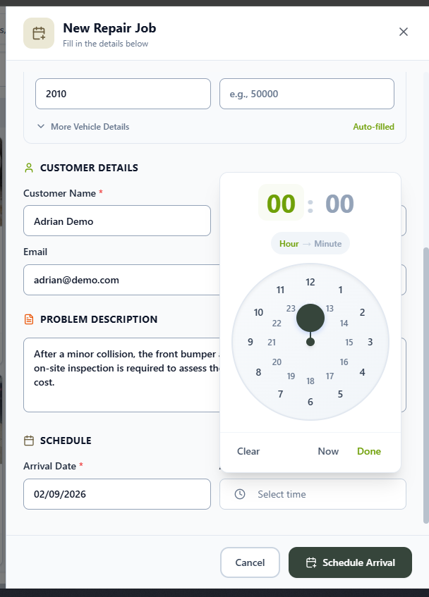 Arrival time picker open in the New Repair Job form
