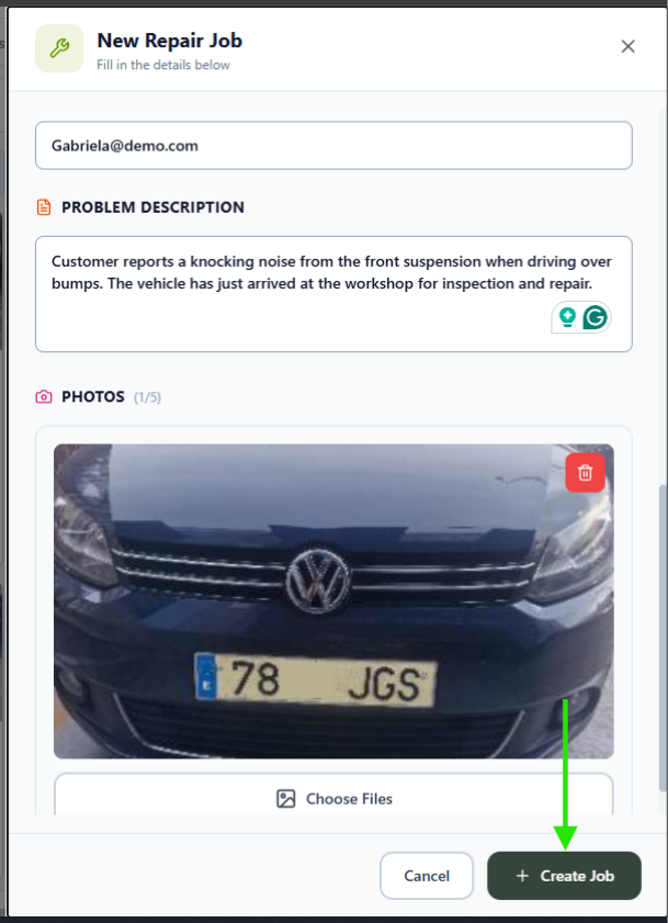 Arrived form with the vehicle photo uploaded and the Create Job button highlighted