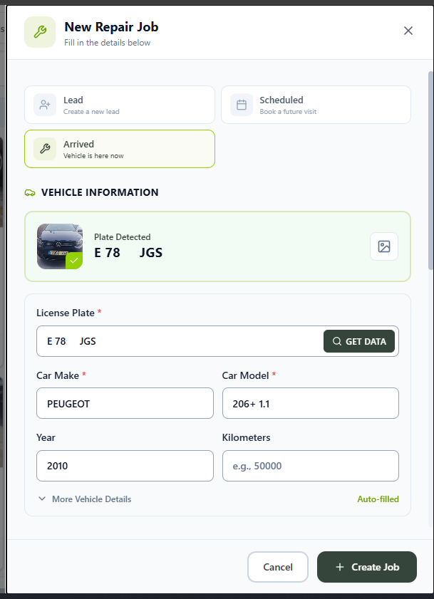 New Repair Job form with the Arrived type selected and the detected license plate