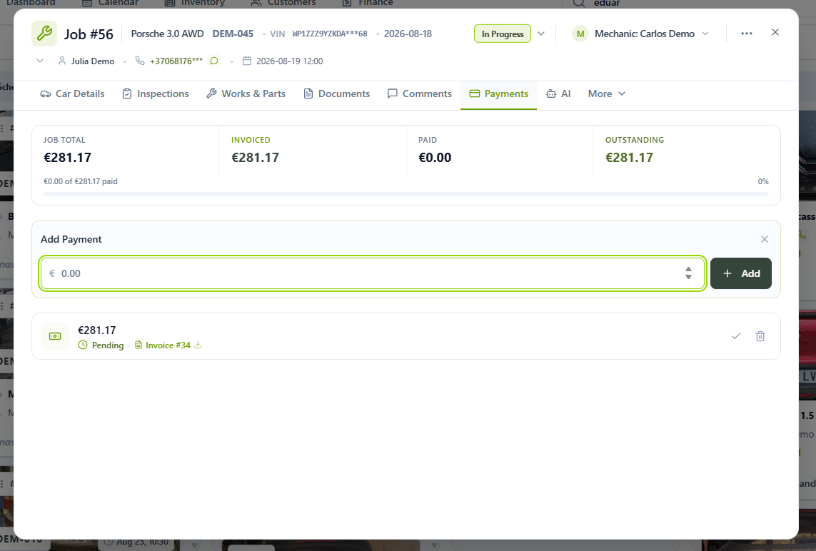 Add Payment field for recording an advance or partial payment