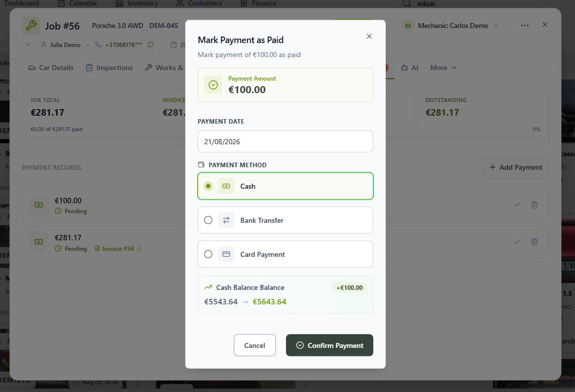 Mark Payment as Paid window showing payment date and payment method