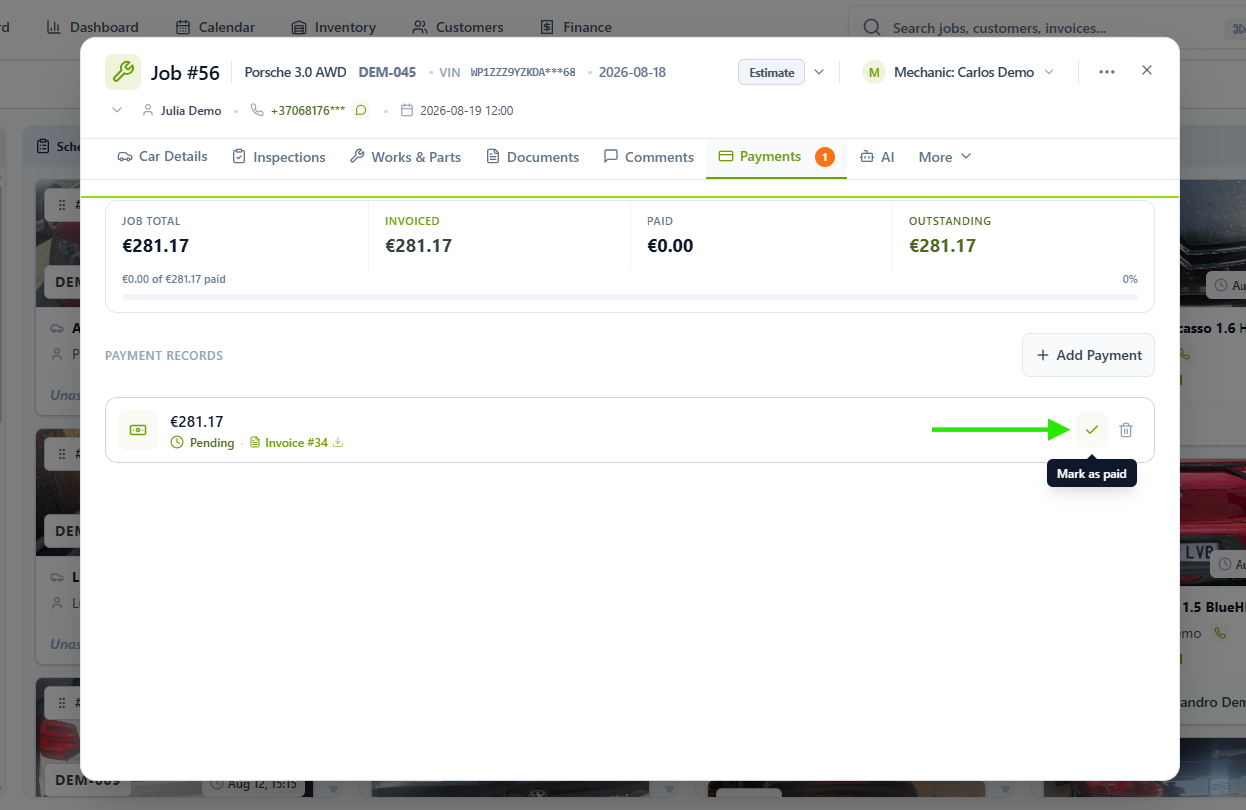 Generated invoice shown as Pending with the Mark as Paid action