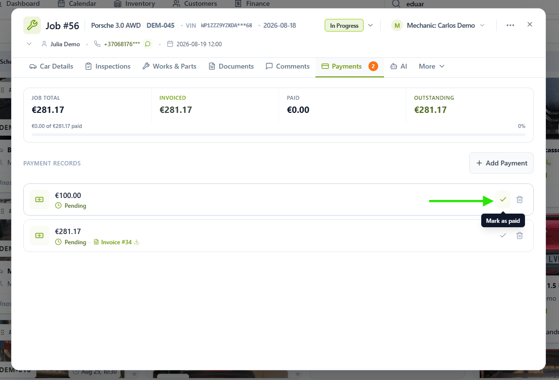 Pending payment with Mark as Paid action