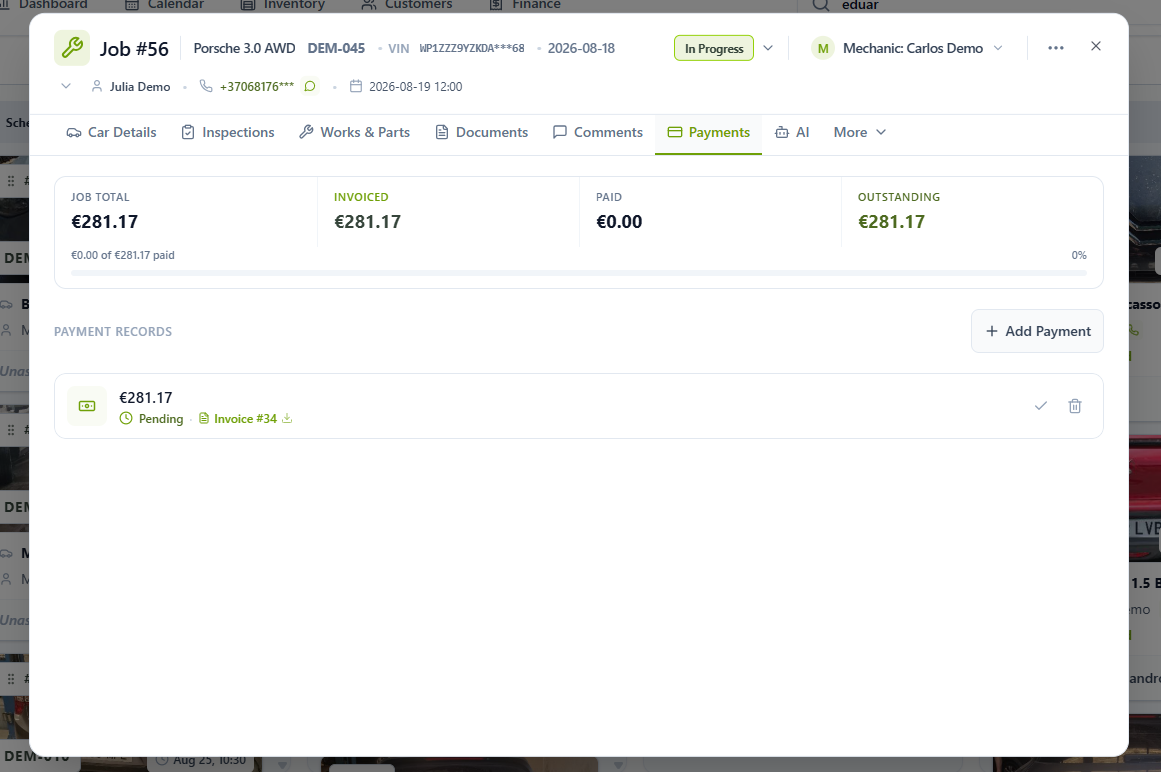 Payment overview showing Job Total, Invoiced, Paid and Outstanding amounts