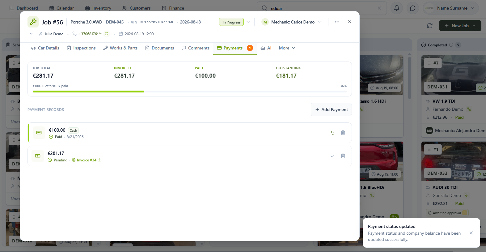 Payment overview after a partial payment has been recorded