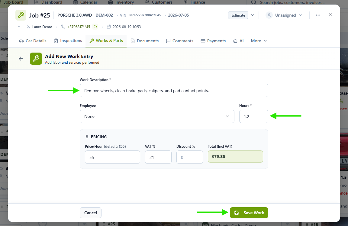 Add New Work Entry screen showing Work Description, Hours, pricing and Save Work