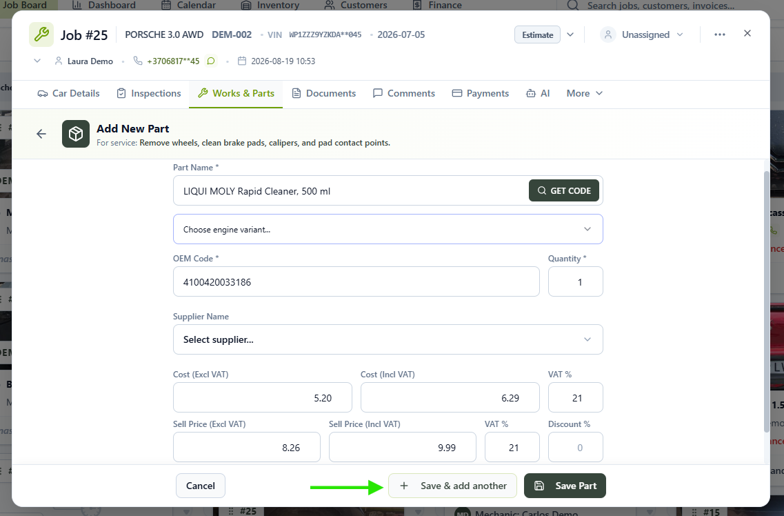 Add New Part screen with OEM code, pricing and Save & add another highlighted