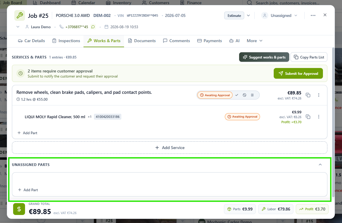 Works & Parts screen with the Unassigned Parts section highlighted
