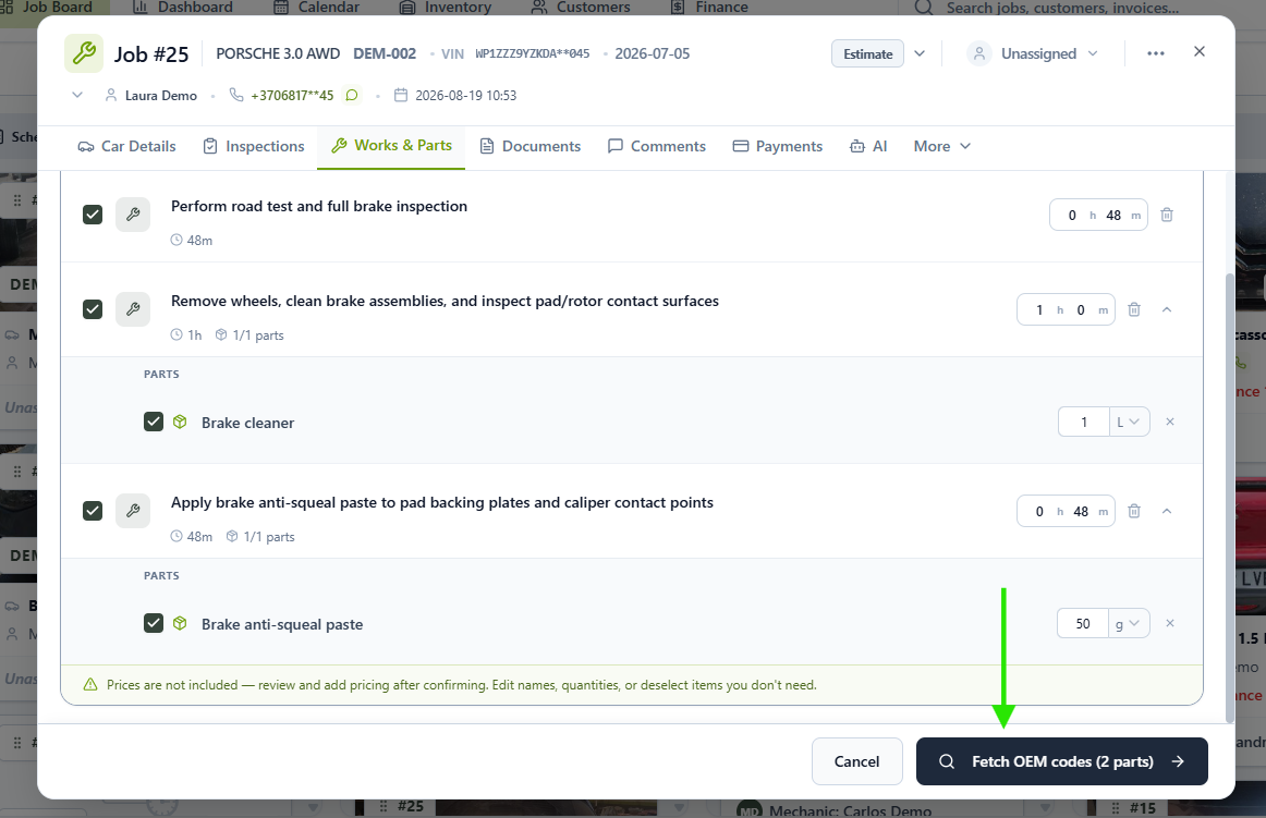 AI-generated services and parts review screen
