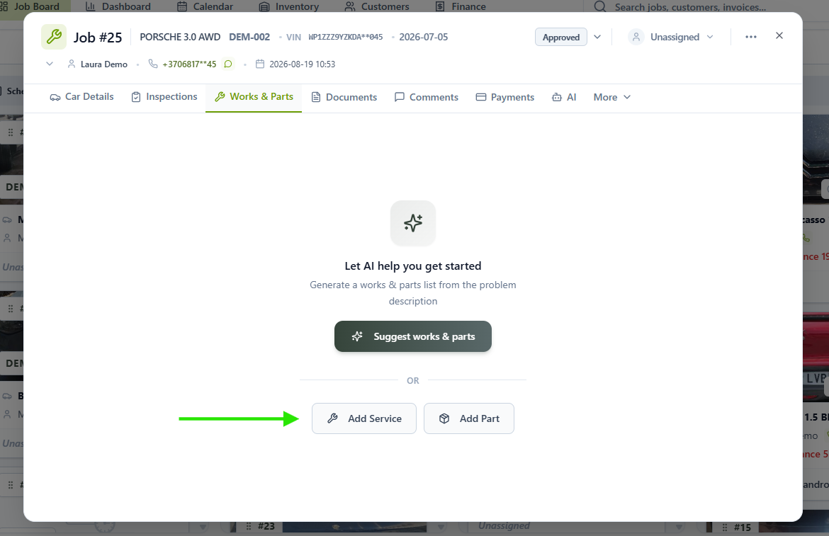 Works & Parts tab with the Add Service button highlighted