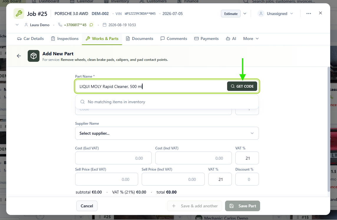 Add New Part screen showing Inventory search by part name or code with the Get Code button