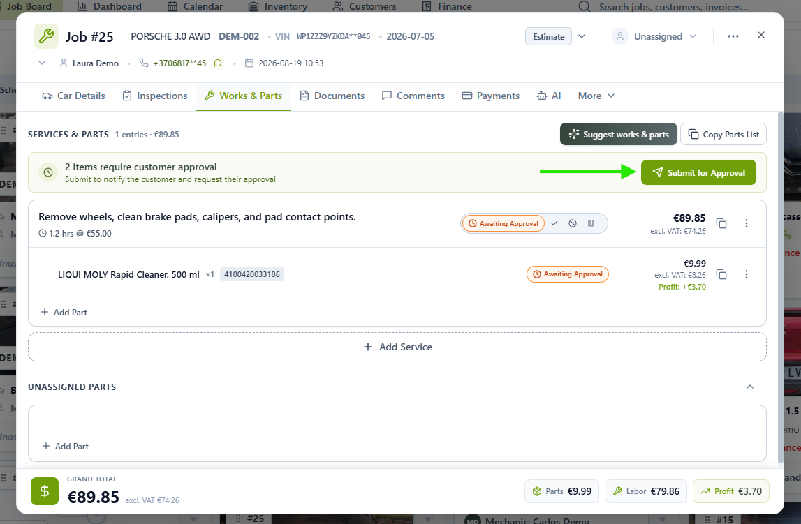 Works & Parts with the Submit for Approval button highlighted