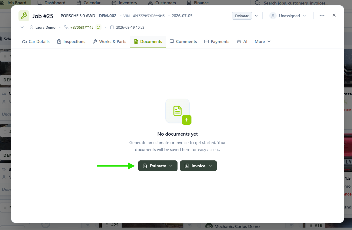 Documents tab with the Estimate generation button highlighted