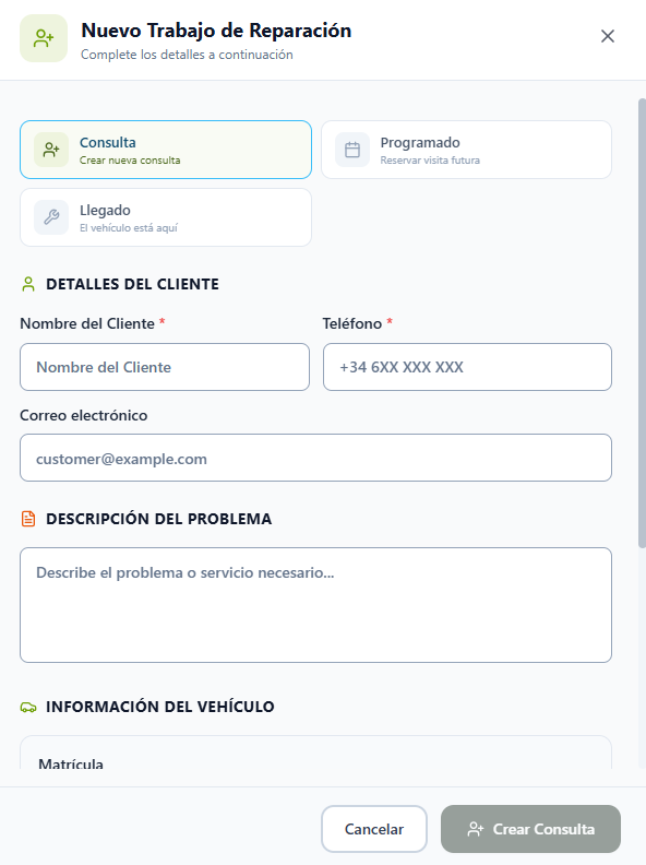 Formulario Nuevo Trabajo de Reparación con la opción Consulta seleccionada y los datos del cliente
