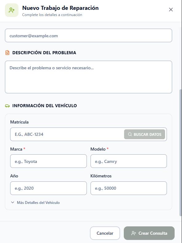 Formulario con la sección Información del Vehículo y el botón Buscar Datos