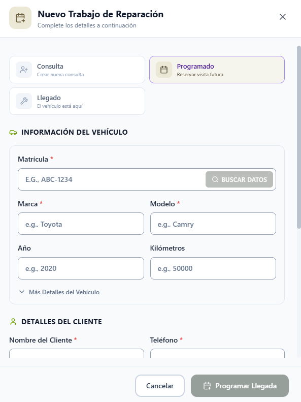Formulario Nuevo Trabajo de Reparación con la opción Programado seleccionada