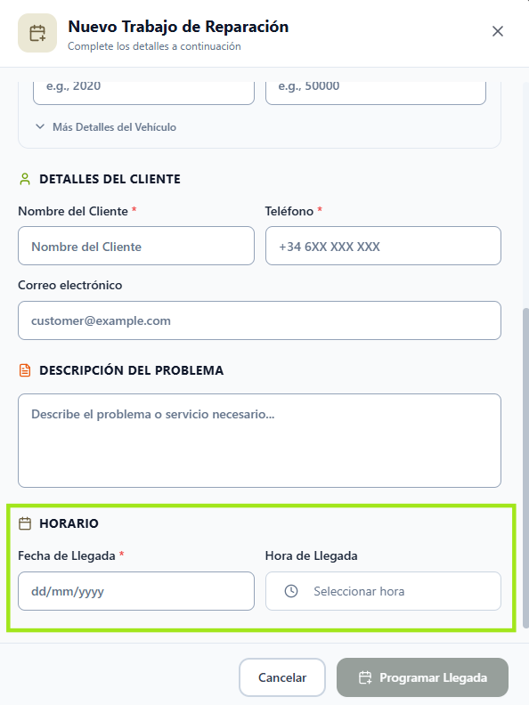 Formulario con la sección Horario destacada