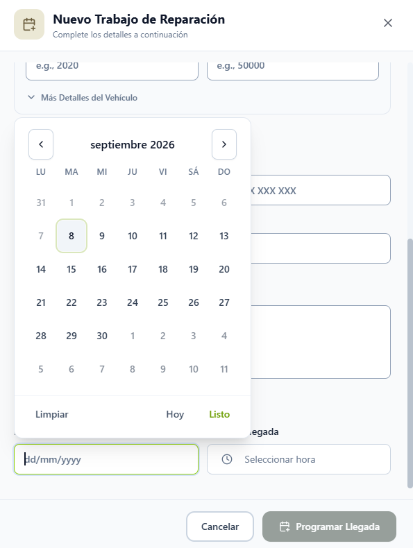 Selector de fecha de llegada abierto en el formulario