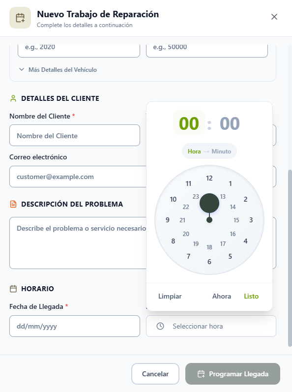 Selector de hora de llegada abierto en el formulario