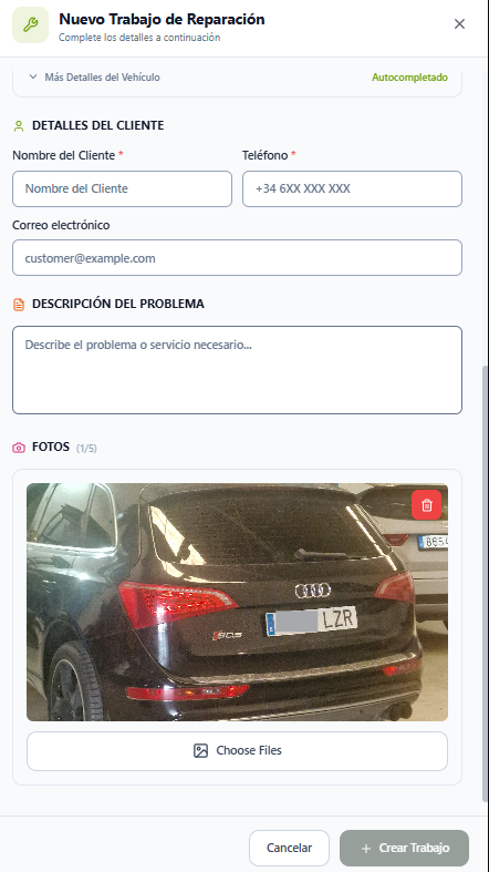Formulario con la sección Fotos y la foto del vehículo añadida junto al botón Crear Trabajo