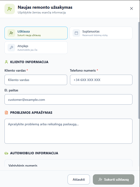Naujo remonto užsakymo forma su pasirinkta Užklausa ir kliento informacijos laukais
