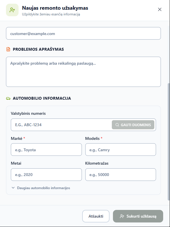 Automobilio informacijos skiltis su Gauti duomenis mygtuku