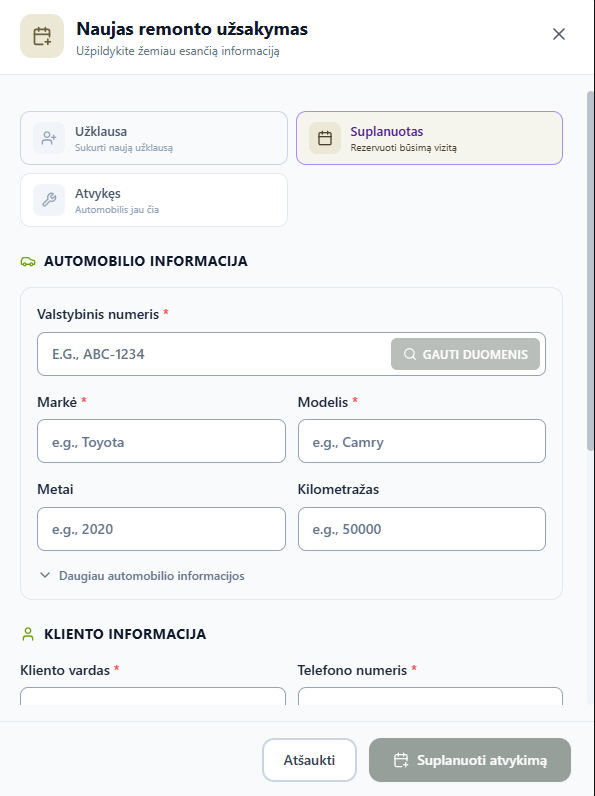 Naujo remonto užsakymo forma su pasirinktu Suplanuotas būdu