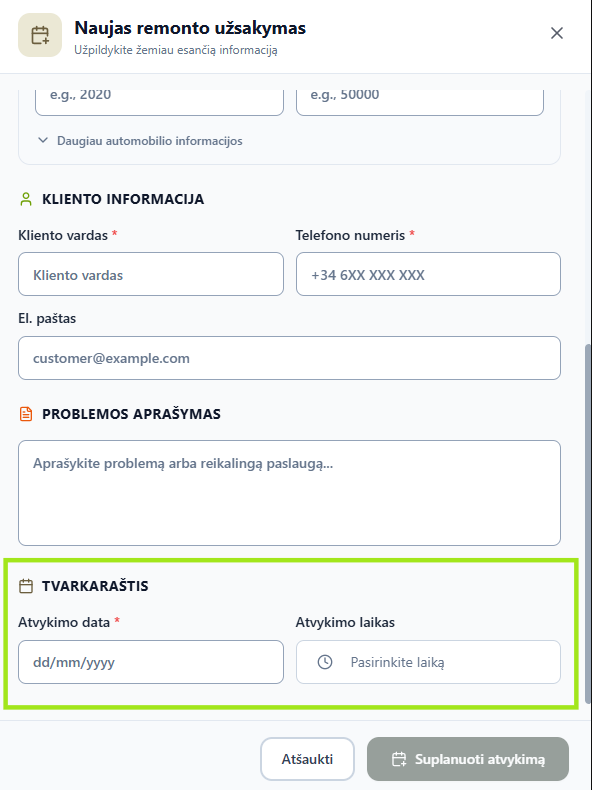Naujo užsakymo forma su paryškinta Tvarkaraštis skiltimi