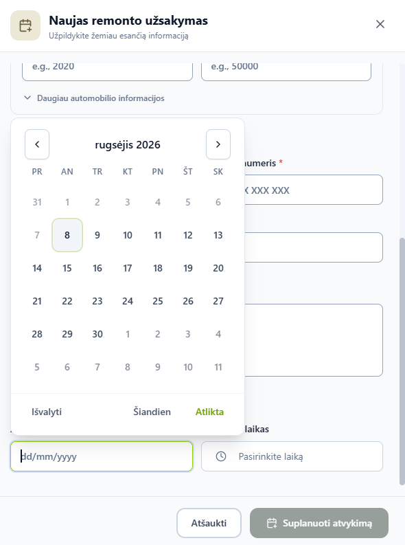 Atvykimo datos pasirinkimo kalendorius