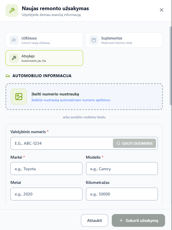 Atvykęs režimo forma su numerio nuotraukos įkėlimo lauku