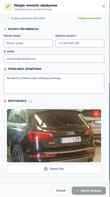 Nuotraukų skiltis su pridėta automobilio nuotrauka ir Sukurti užsakymą mygtuku