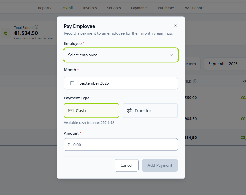 Pay Employee window with employee, month, payment type and amount fields