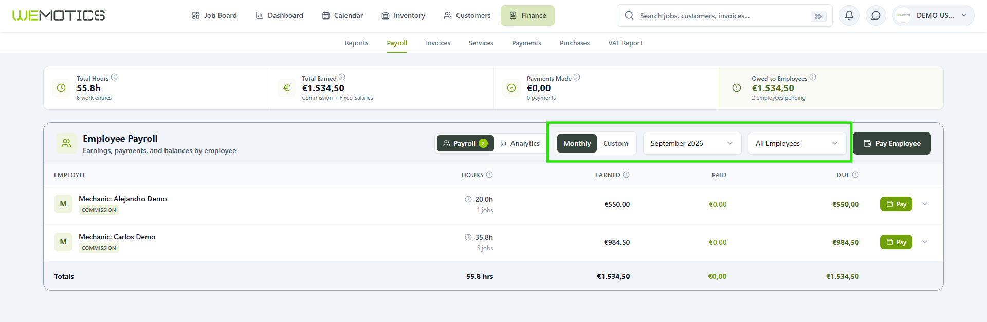 Period selection: Monthly or Custom toggle, month picker and employee filter