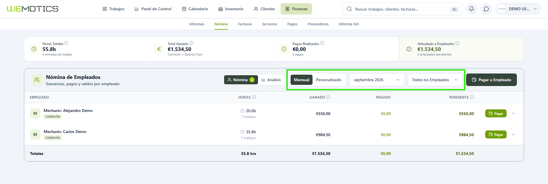 Selección del periodo: Mensual o Personalizado, selector de mes y filtro de empleados