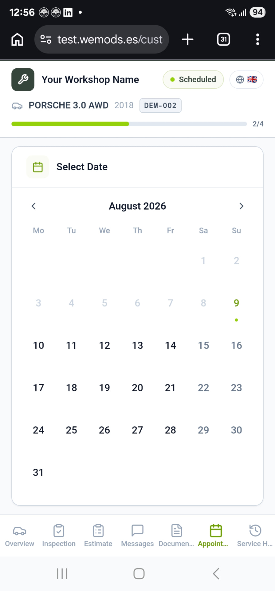 Customer Portal Appointment tab showing a monthly calendar to select a workshop visit date