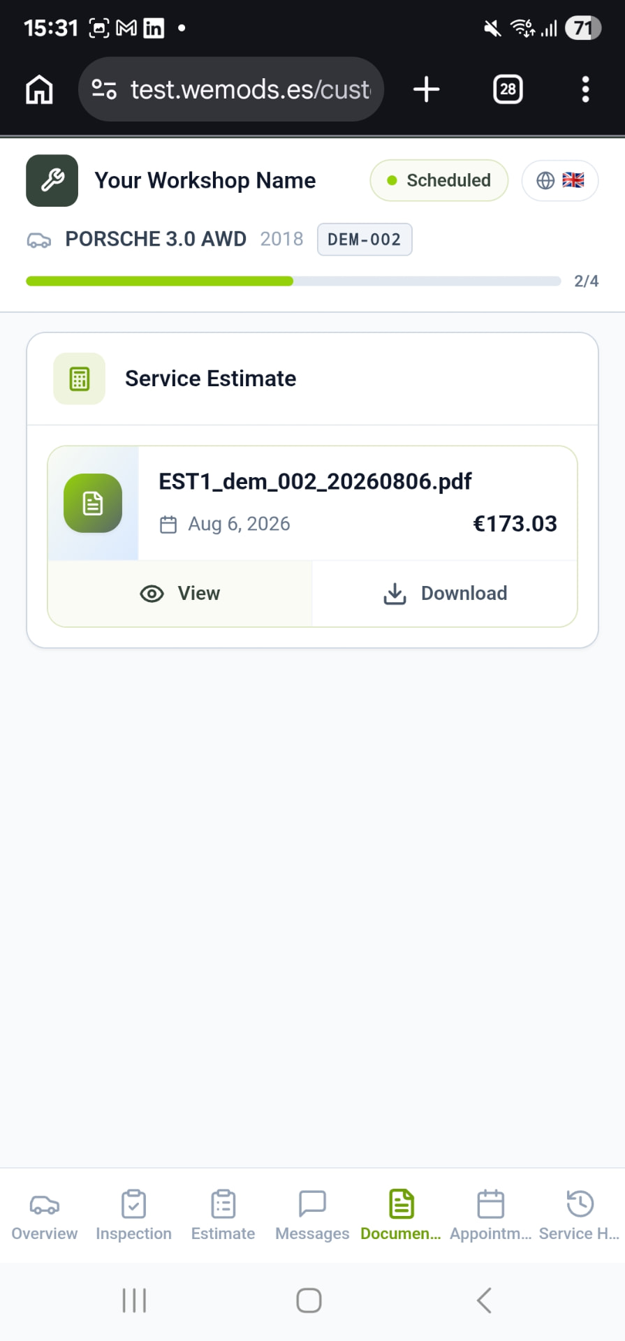 Customer Portal Documents tab showing a service estimate PDF with View and Download actions