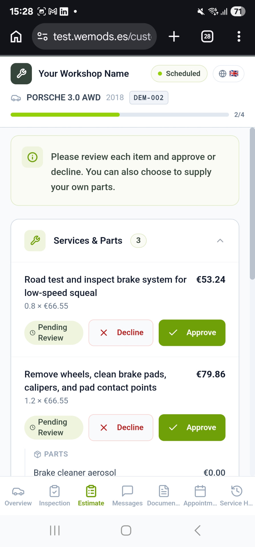 Customer Portal Estimate tab with services and parts, each with Approve and Decline actions