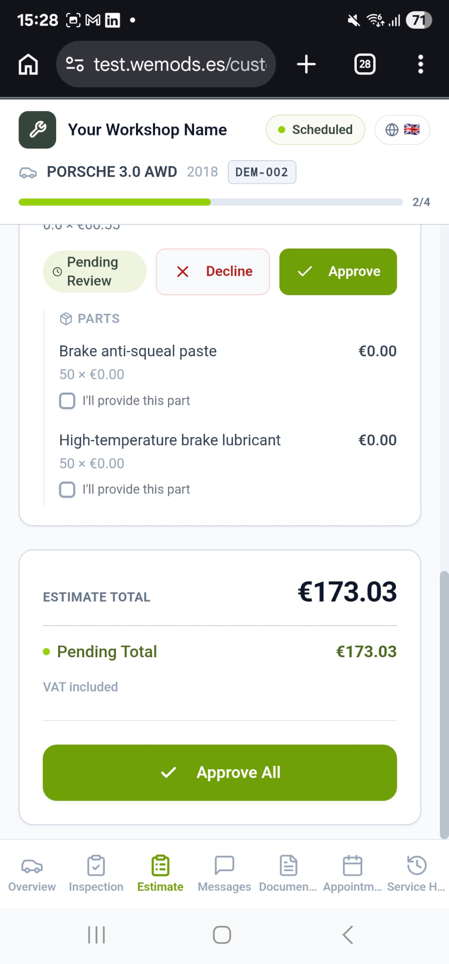 Customer Portal Estimate tab with the estimate total and the Approve All button
