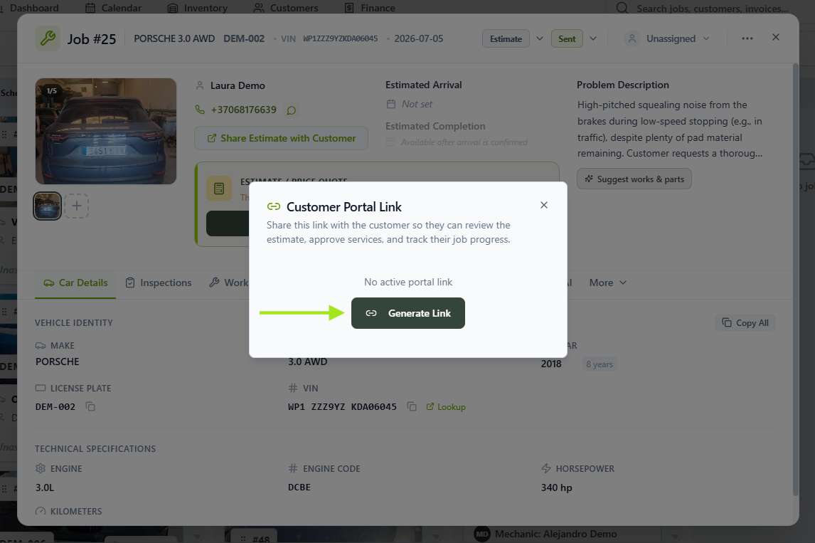 Customer Portal Link dialog with the Generate Link button highlighted