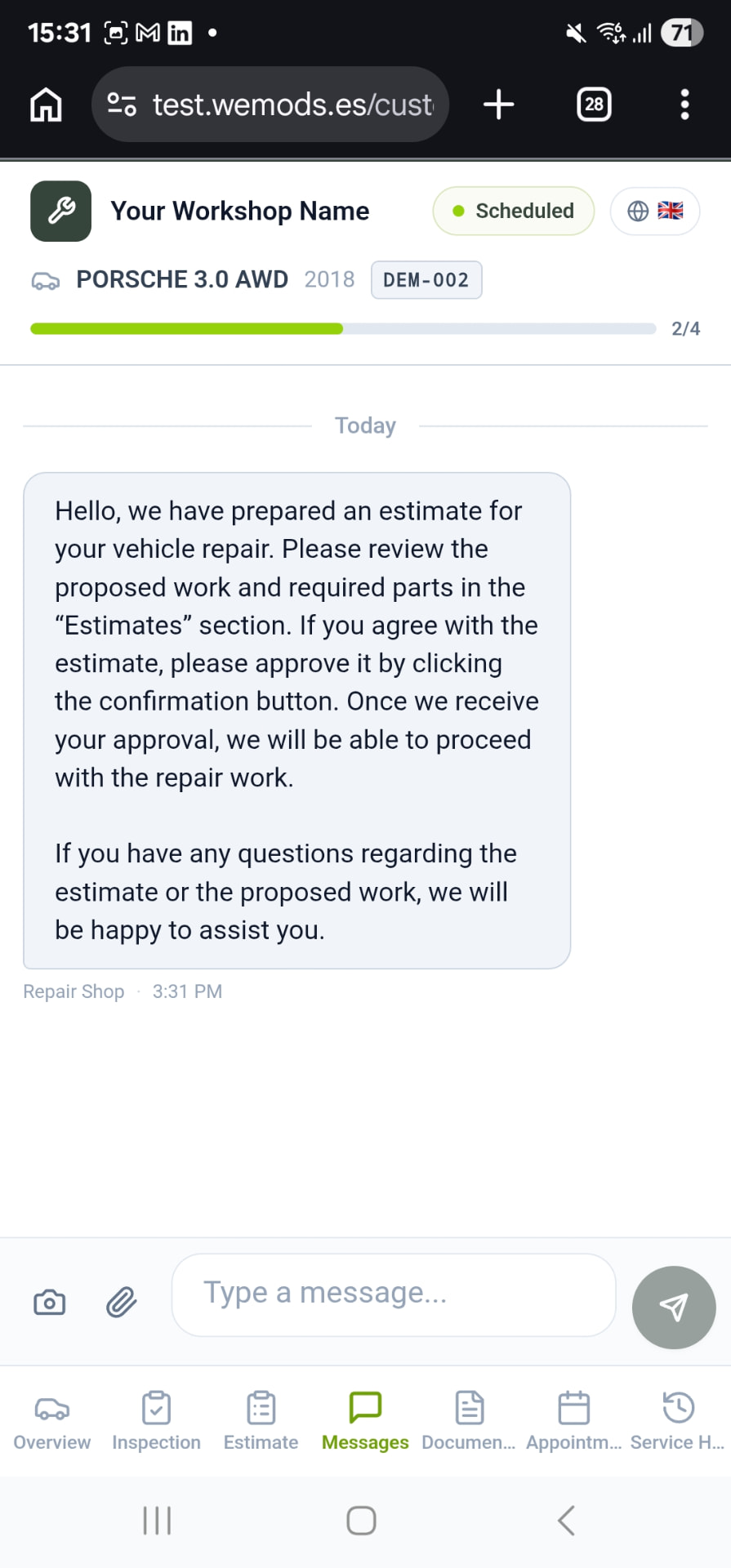 Customer Portal Messages tab with a message from the workshop and a message input