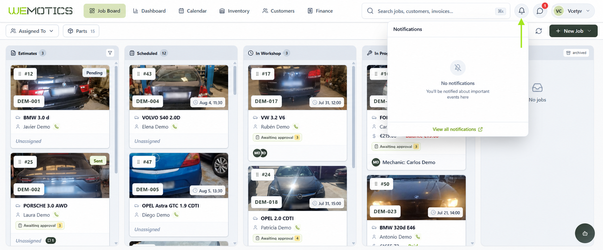 Wemotics Job Board with the Notifications panel open in the top navigation bar