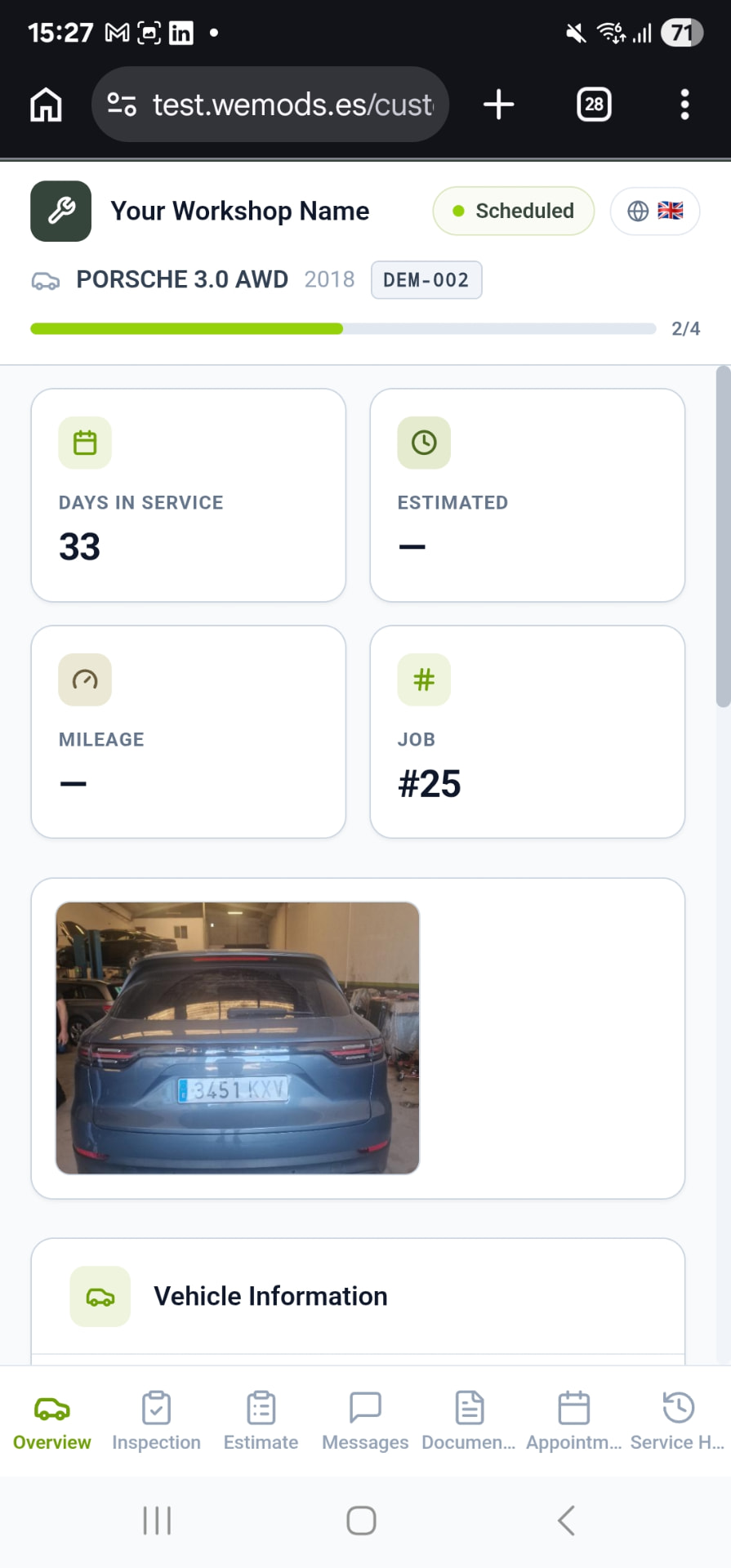 Customer Portal Overview tab with job status, mileage and vehicle photo