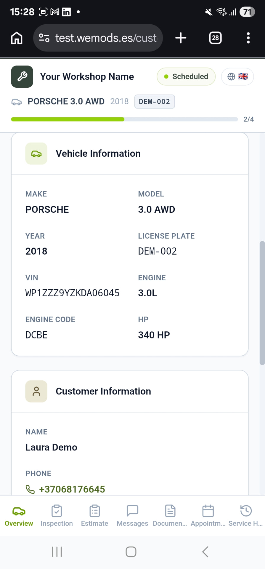 Customer Portal Overview tab showing vehicle and customer information