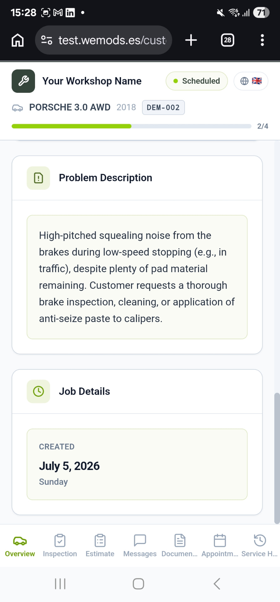 Customer Portal Overview tab showing the problem description and job details
