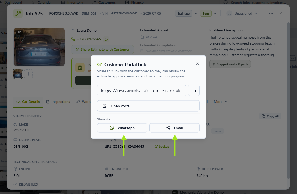 Customer Portal Link dialog showing the generated link and the WhatsApp and Email sharing options